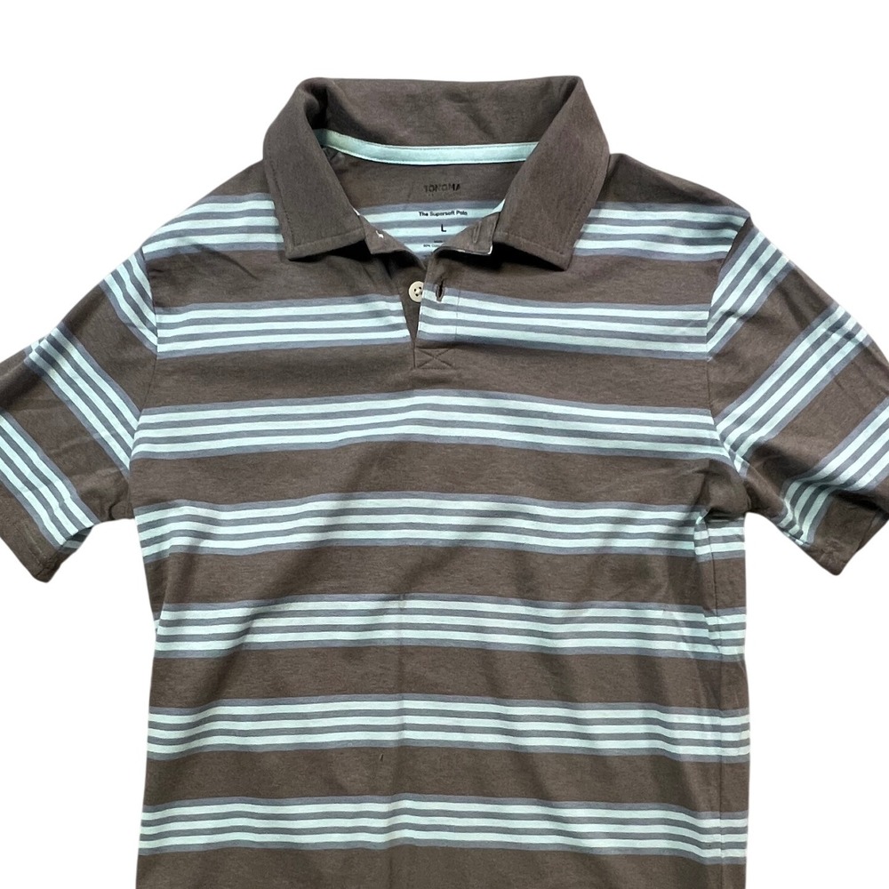 Sonoma The Supersoft Polo Shirt Boys L Brown Blue Stripe‎ Short Sleeve Casual J4